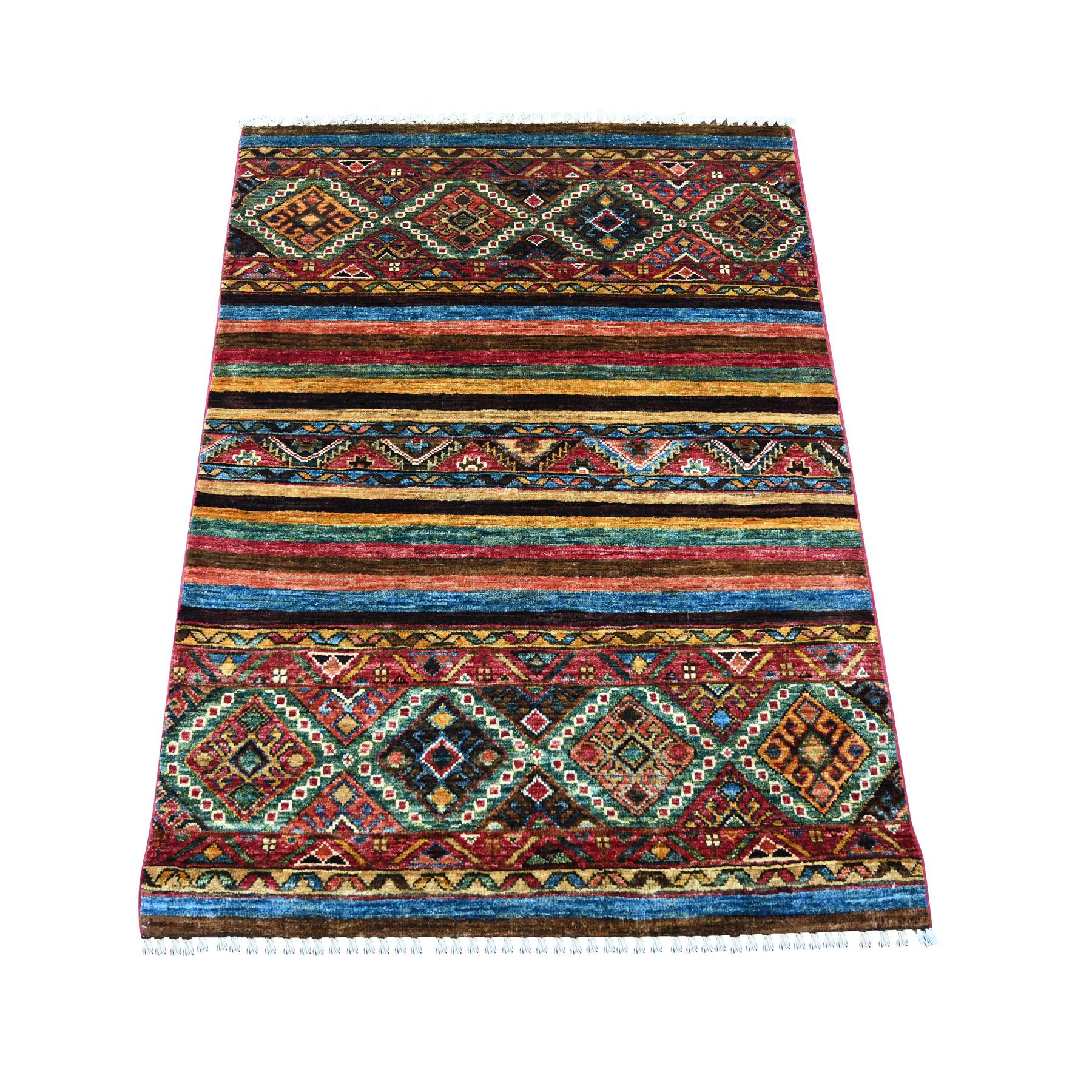 3'x4' Colorful, Hand Knotted, Afghan Super Kazak with Khorjin Design, Pure Wool, Vegetable Dyes, Sample, Mat, Oriental Rug 